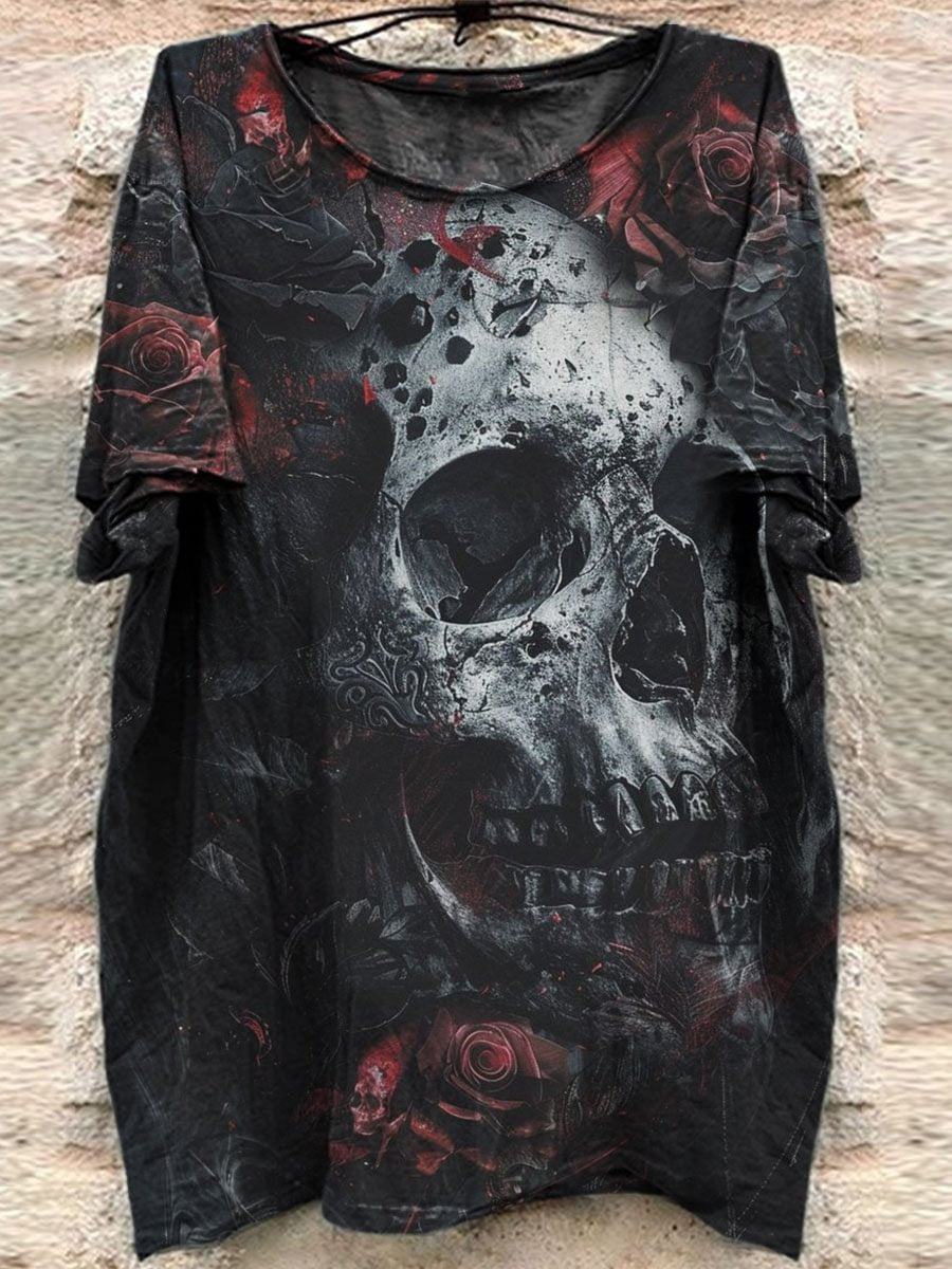 Vintage Floral Skull Illustrated Casual Short Sleeve T-Shirt