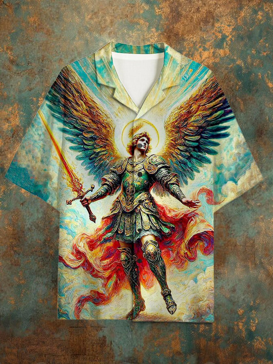 Men's Vintage Religious Print Short Sleeve Shirt