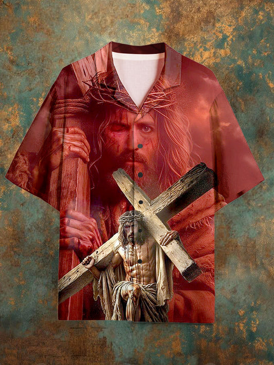 Men's Vintage Jesus Pattern Short Sleeve Shirt
