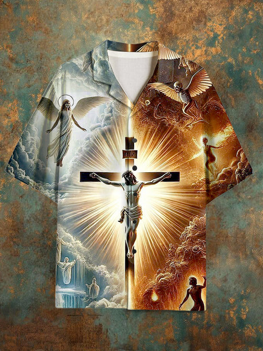 Men's Vintage Jesus Pattern Short Sleeve Shirt