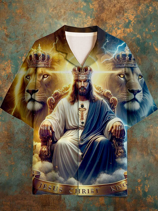 Men's Vintage Religion Pattern Short Sleeve Shirt