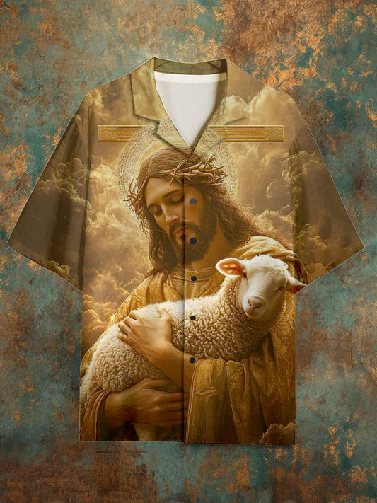 Men's Vintage Jesus Pattern Short Sleeve Shirt