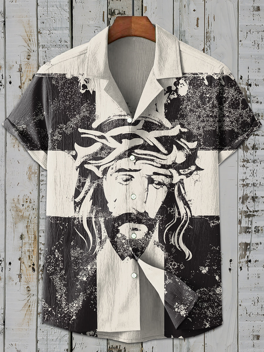 Retro Fashion Jesus Print Casual Short Sleeve Shirt
