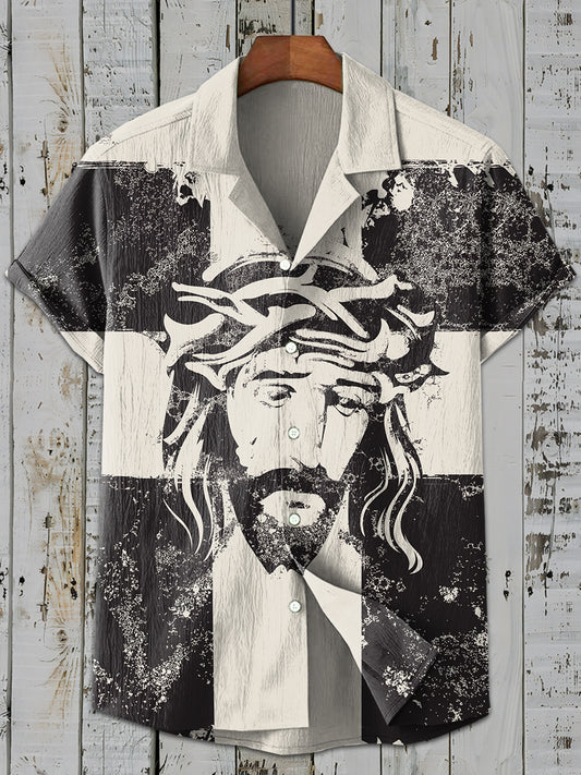 Retro Fashion Jesus Print Casual Short Sleeve Shirt