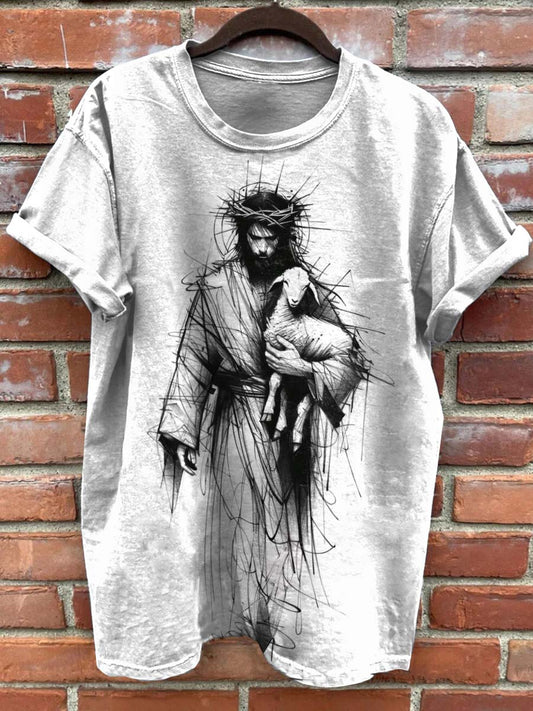 Retro Fashion Jesus Art Print Casual Short Sleeves