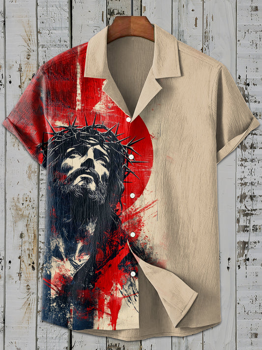Retro Fashion Jesus Print Casual Short Sleeve Shirt
