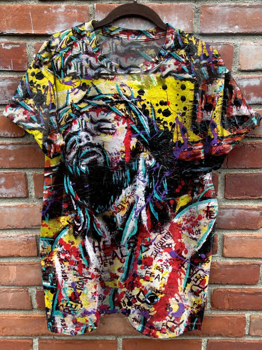 Retro Fashion Jesus Art Print Casual Short Sleeves
