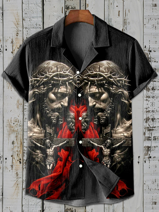 Retro Fashion Jesus Print Casual Short Sleeve Shirt
