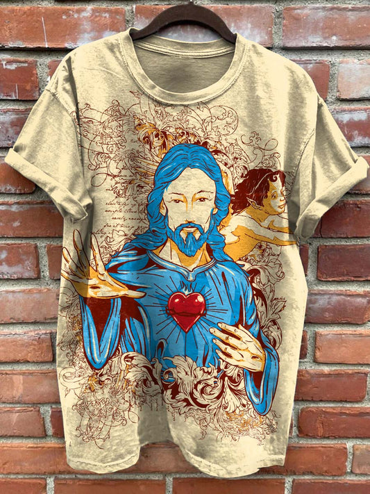 Retro Fashion Jesus Art Print Casual Short Sleeves