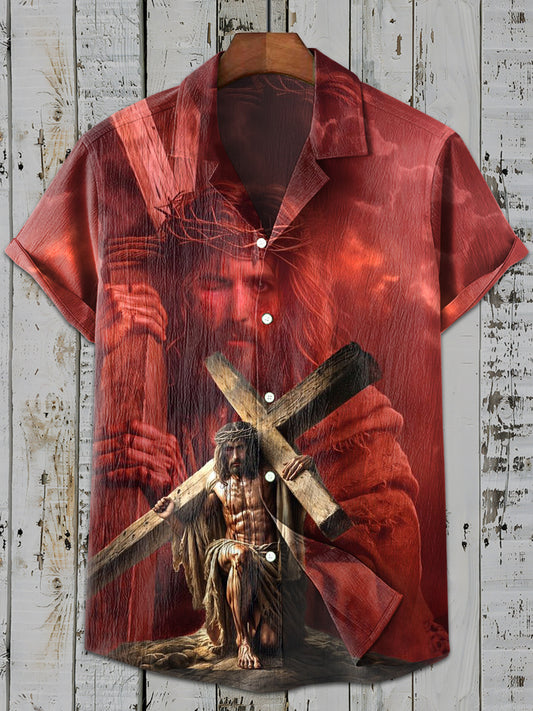 Retro Fashion Jesus Print Casual Short Sleeve Shirt