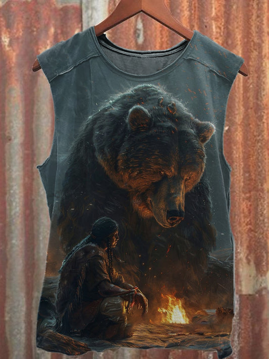 Retro Giant Bear Illustration Printed Casual Tank Top