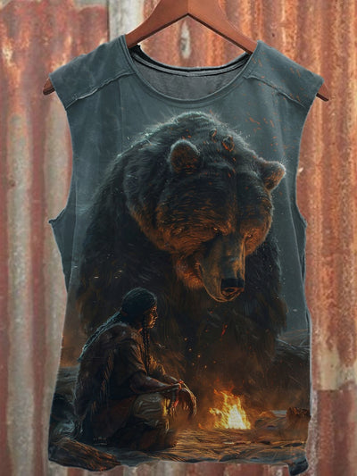 Retro Giant Bear Illustration Printed Casual Tank Top