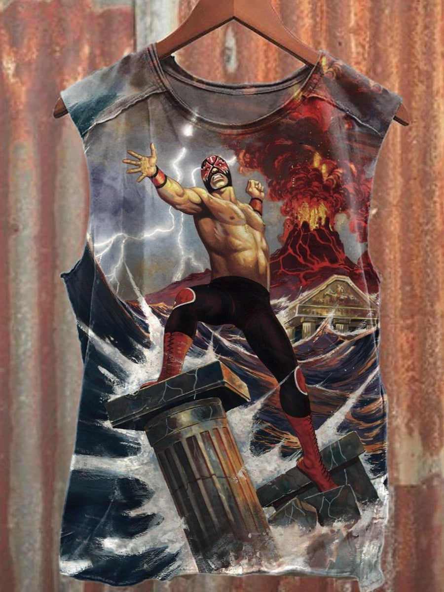 Retro Fashion Wrestling Match Illustration Printed Casual Tank Top
