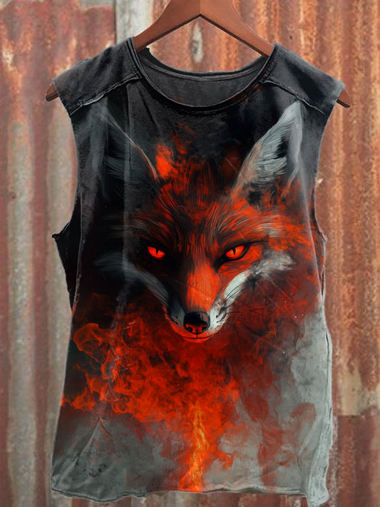 Vintage Fox Illustration Print Casual Tank Top
