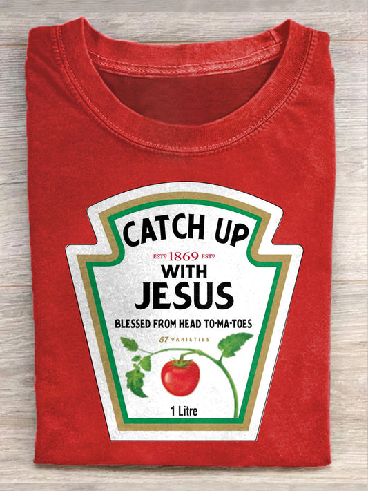 Retro Fashion Graffiti Jesus Illustration Print Casual T-Shirt