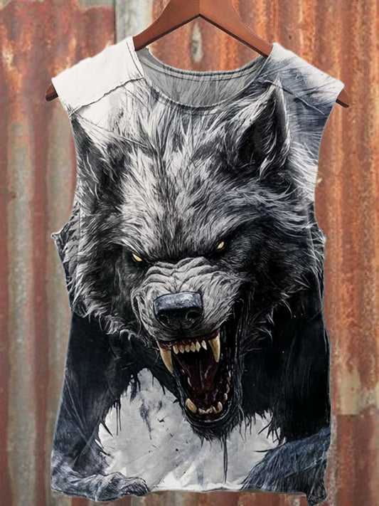 Fierce Wolf Warrior Illustration Printed Casual Tank Top