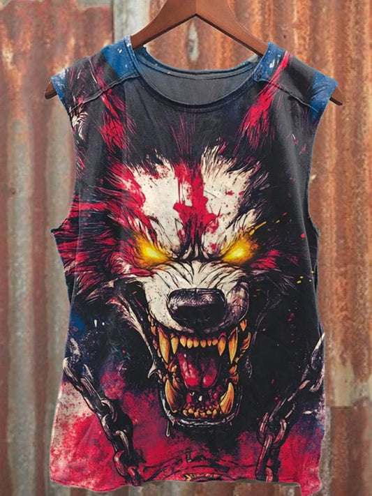 Fierce Wolf Warrior Illustration Printed Casual Tank Top