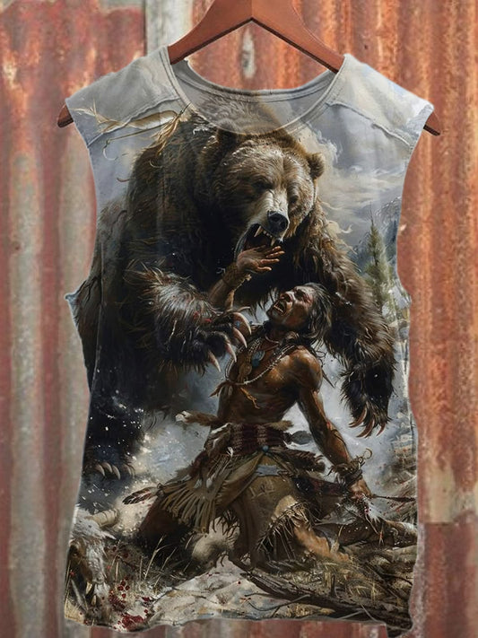 Retro Giant Bear Illustration Printed Casual Tank Top