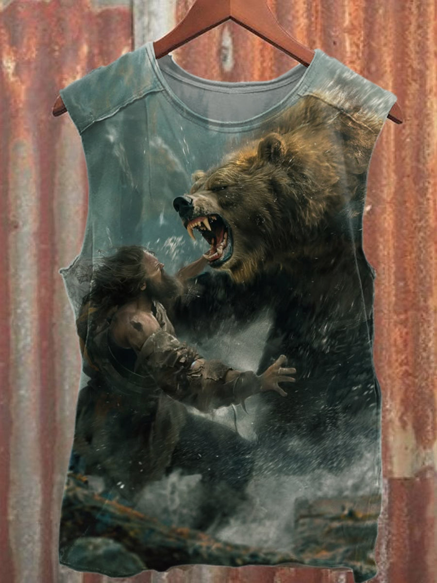 Retro Giant Bear Illustration Printed Casual Tank Top
