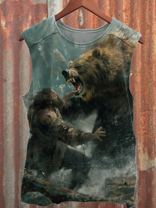 Retro Giant Bear Illustration Printed Casual Tank Top