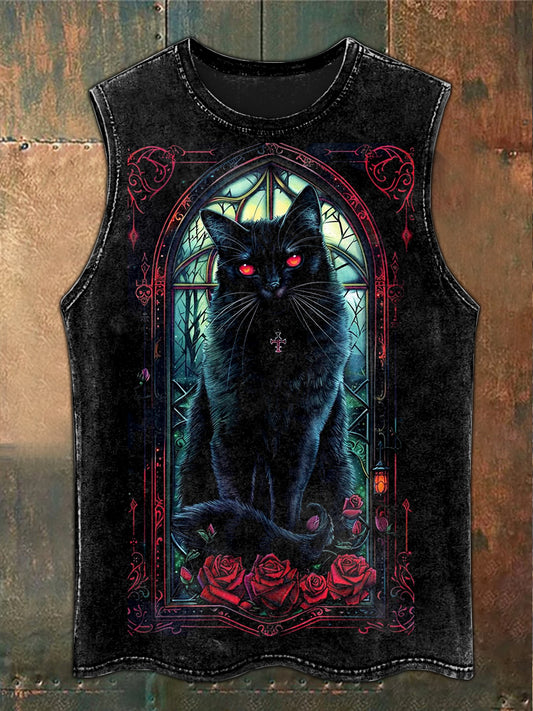 Retro Mystical Folk Black Cat Art Print Casual Tank Top