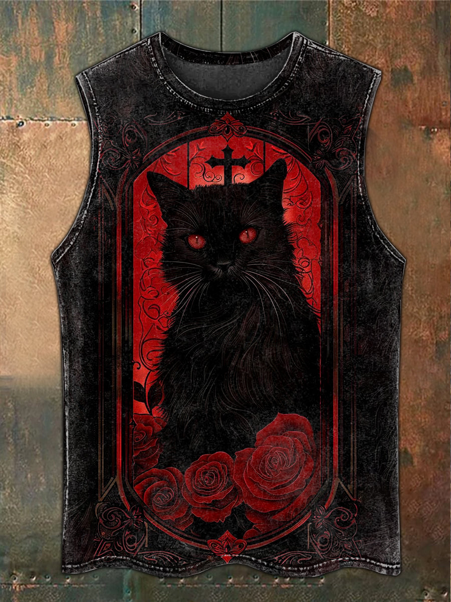 Retro Mystical Folk Black Cat Art Print Casual Tank Top