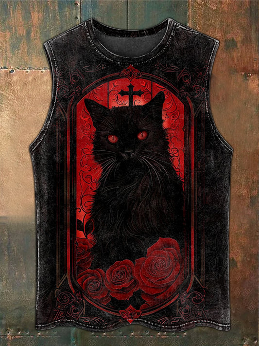 Retro Mystical Folk Black Cat Art Print Casual Tank Top