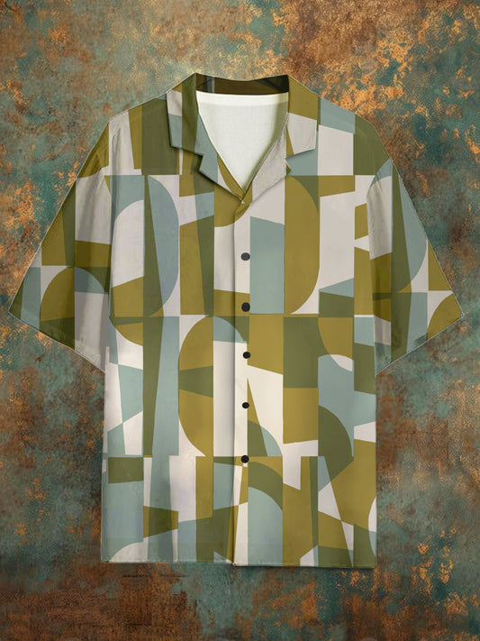 Men's Vintage Geometry Pattern Stand Collar Short Sleeve Shirt