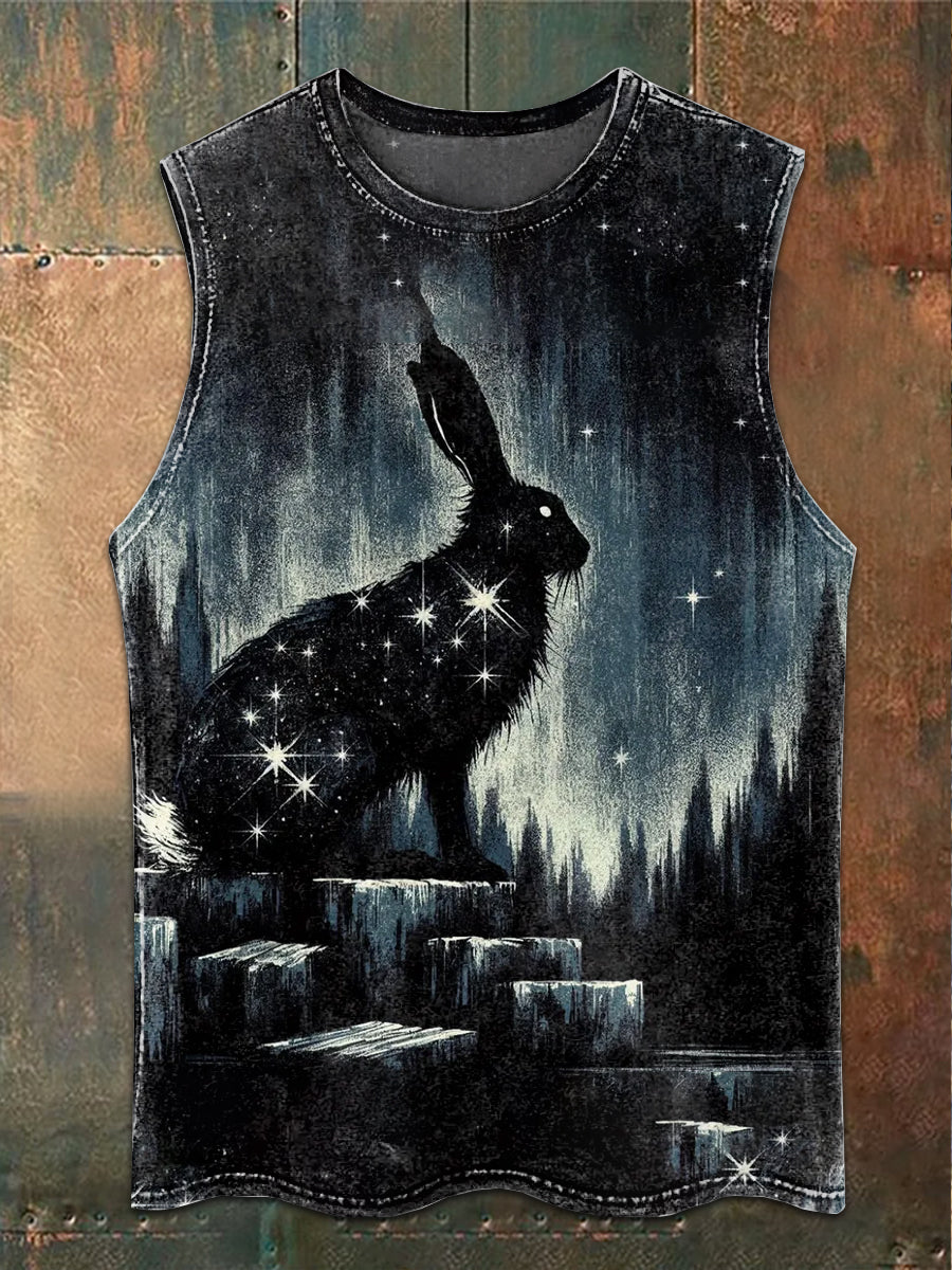 Retro Mystical Folk Black Rabbit Art Print Casual Tank Top