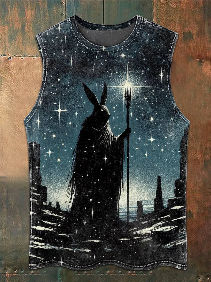 Retro Mystical Folk Black Rabbit Art Print Casual Tank Top