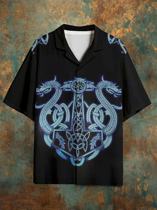 Men's Vintage Viking Pattern Stand Collar Short Sleeve Shirt