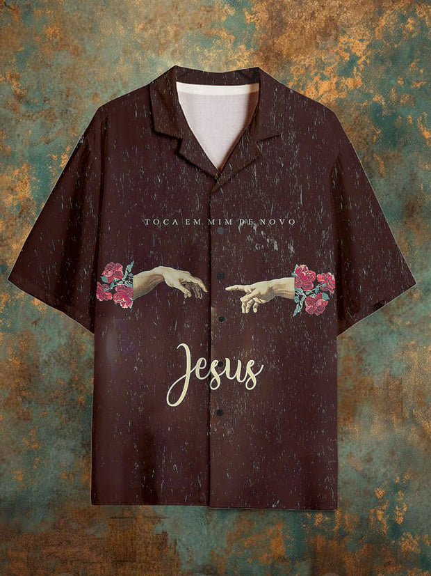 Men's Vintage Religion Pattern Stand Collar Short Sleeve Shirt