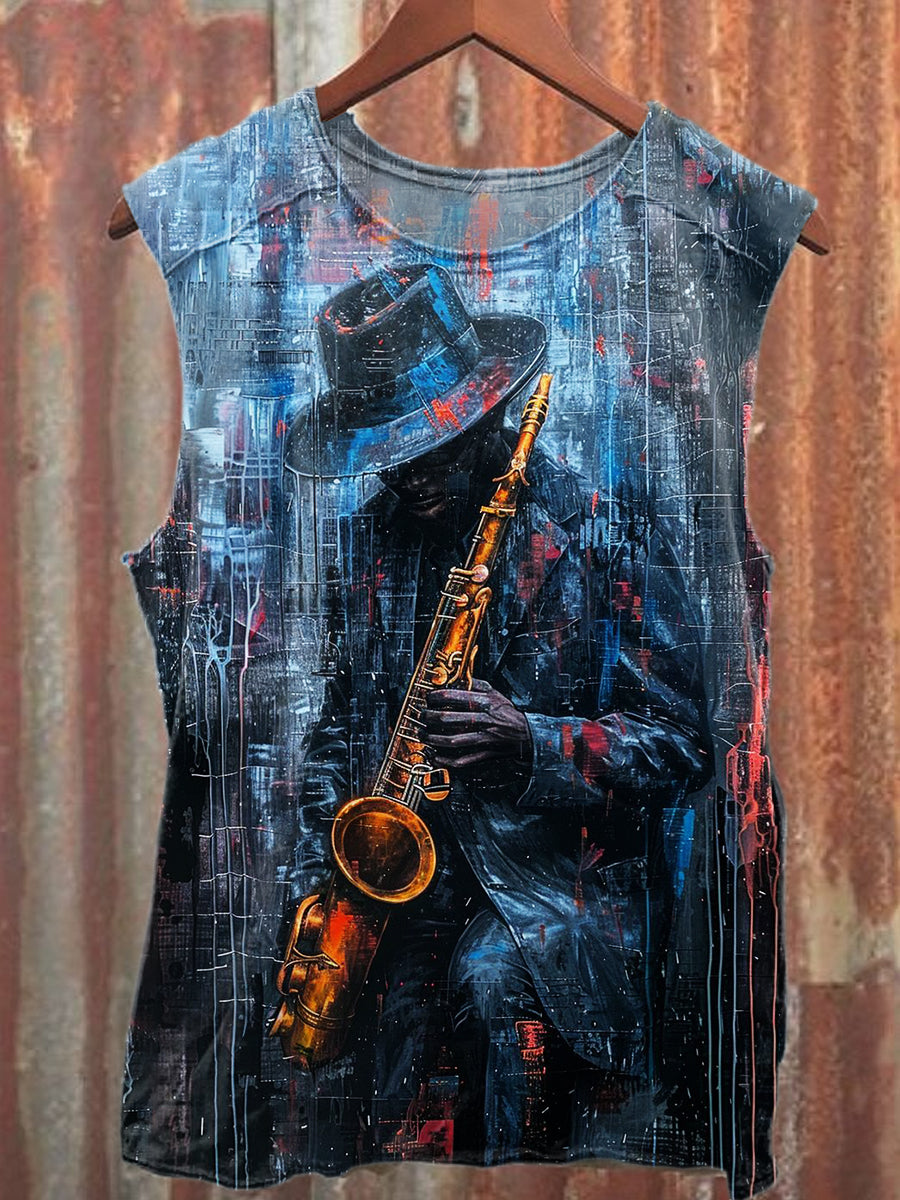 Retro Jazz Art Print Casual Cotton Tank Top