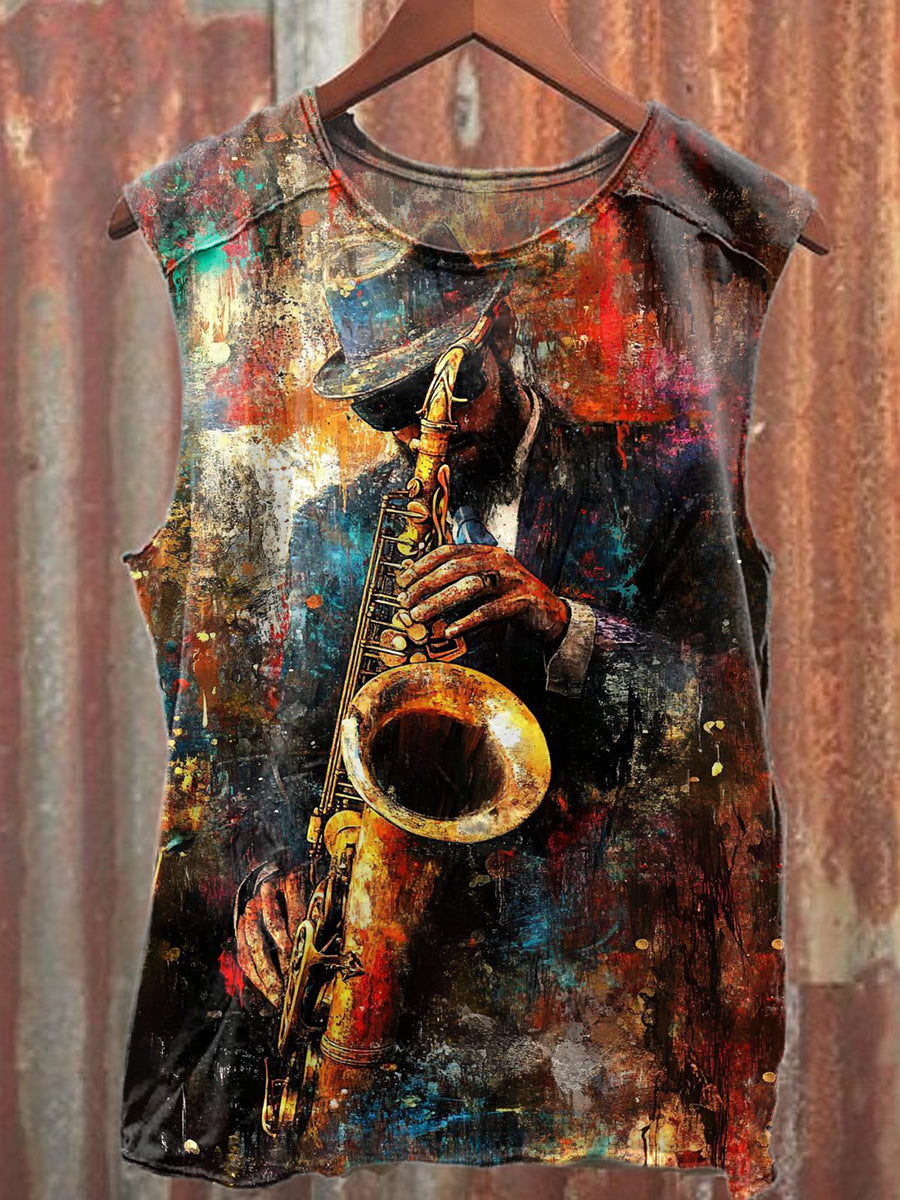 Retro Jazz Art Print Casual Cotton Tank Top