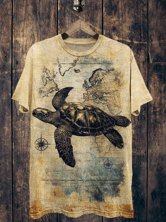 Sea Turtle Printed Vintage Fashion Loose Short Sleeve T-Shirt