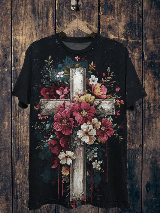 Cross And Flowers Printed Vintage Fashion Loose Short Sleeve T-Shirt