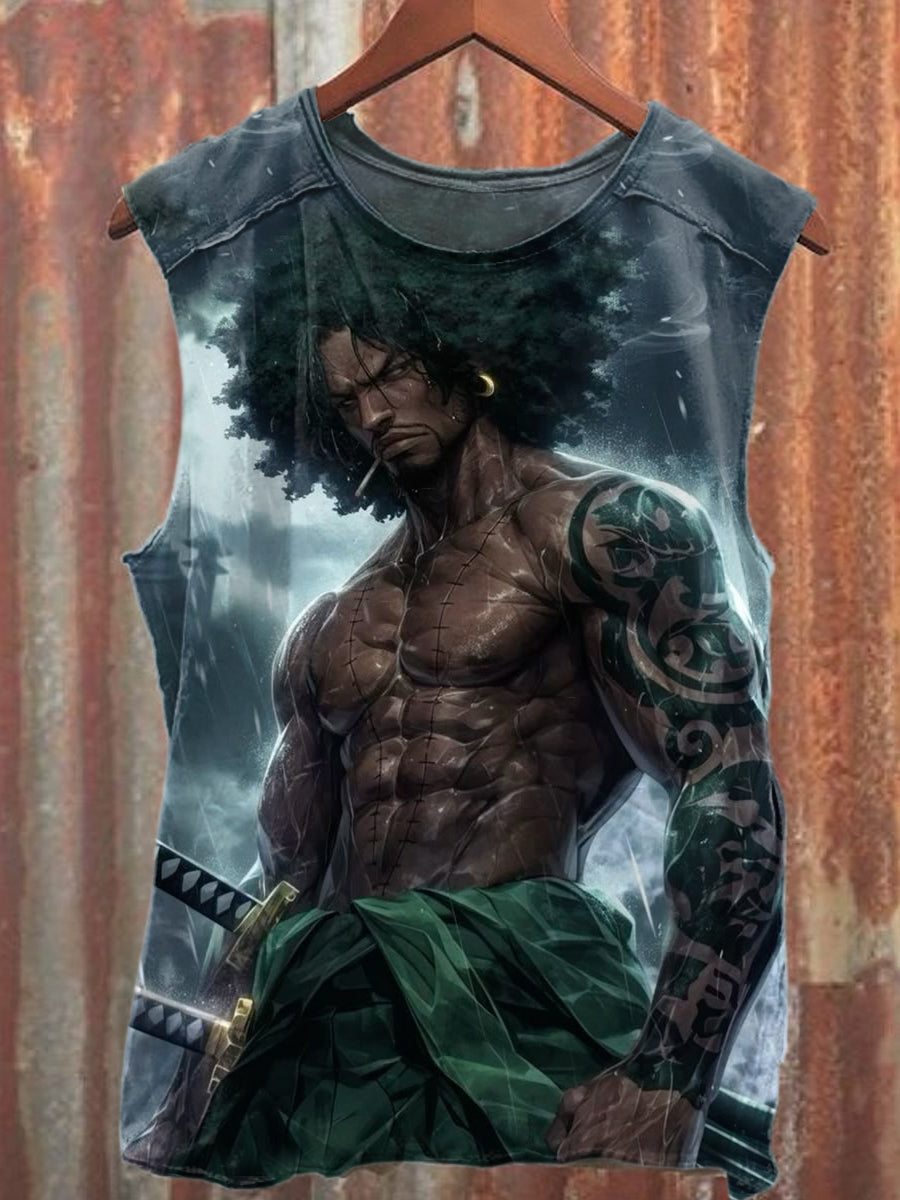 Retro Fashion Black Warrior Art Print Cotton Tank Top