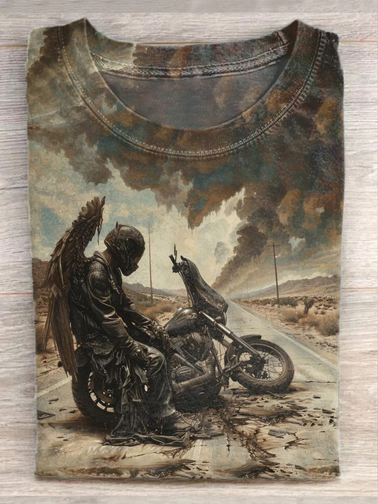 Retro Motorcycle Illustration Art Print Casual T-Shirt