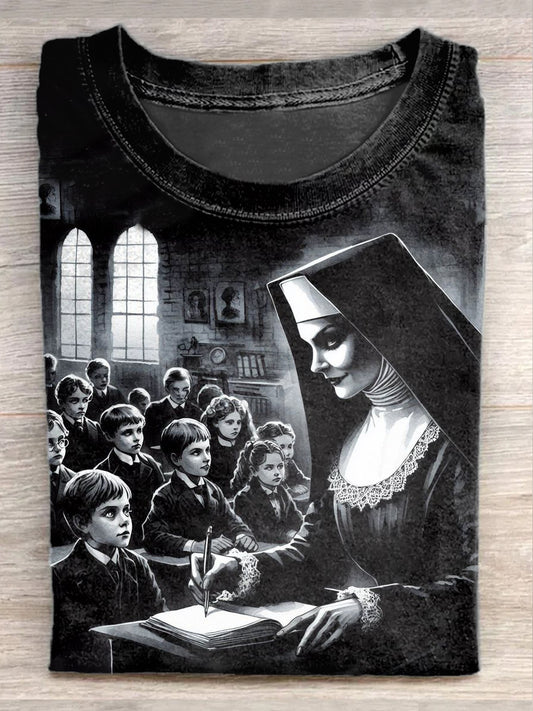 Retro Fashion Nun Illustration Art Print Casual T-shirt