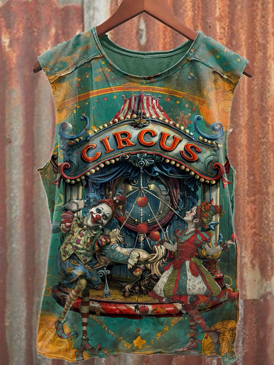Retro Fashion Circus Art Print Casual Cotton Tank Top