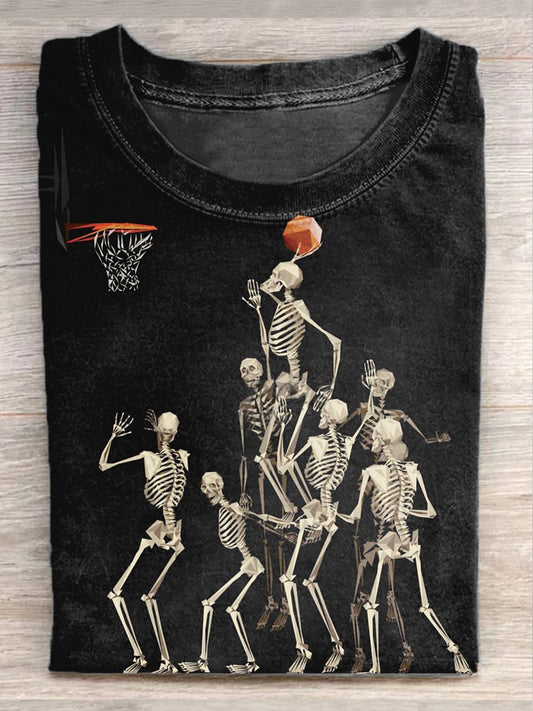 Retro Skull Playing Basketball Graffiti Art Print Casual Short Sleeve T-shirt
