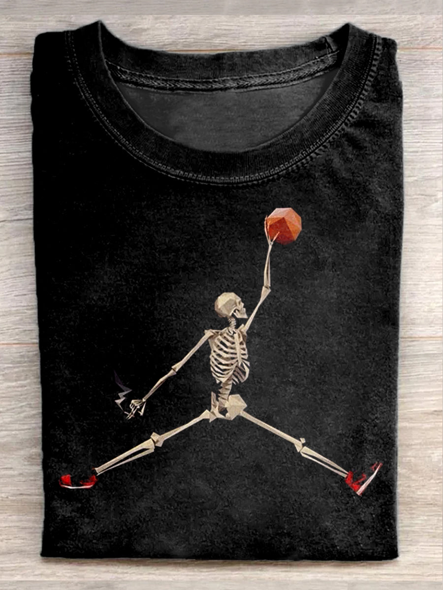 Retro Skull Playing Basketball Graffiti Art Print Casual Short Sleeve T-shirt