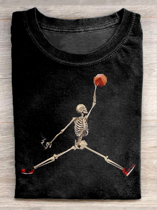 Retro Skull Playing Basketball Graffiti Art Print Casual Short Sleeve T-shirt