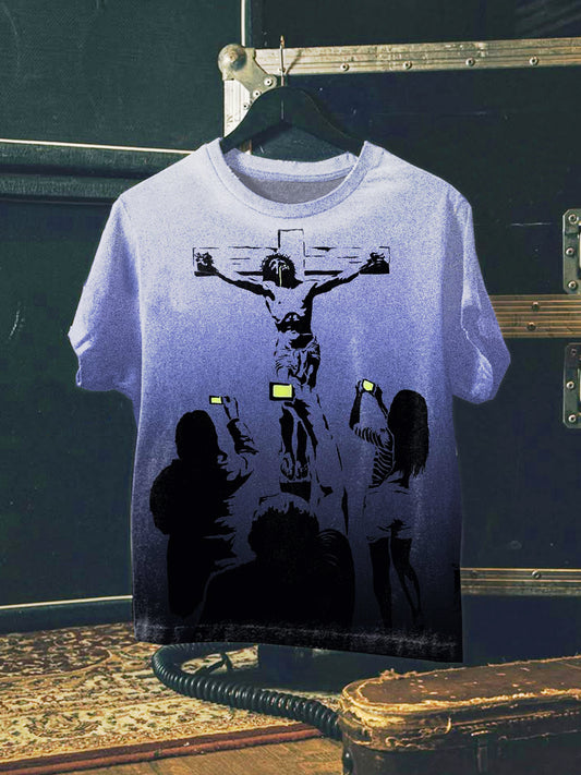 Vintage Jesus Cross Graffiti Art Print Casual Cotton T-shirt