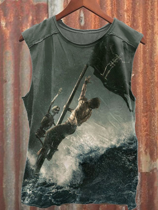 Retro Sailing Drifter Skull Art Print Cotton Tank Top