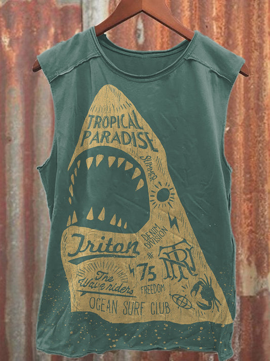 Vintage Shark Graffiti Art Print Cotton Tank Top