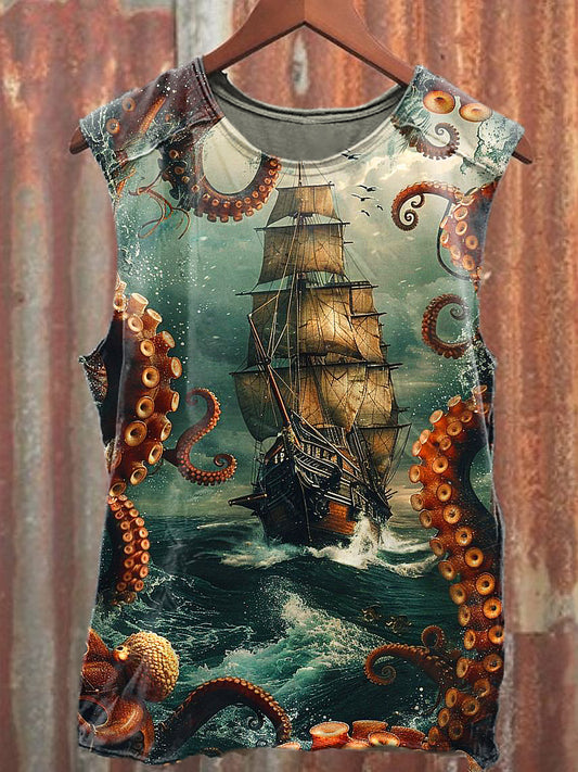 Men's Casual Pirate Boat Printed Tank Top