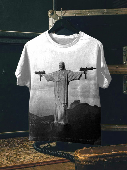 Vintage Jesus Graffiti Art Print Casual Cotton T-Shirt