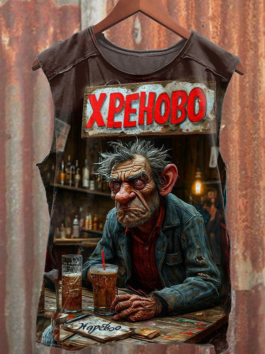 Funny Old Man Art Printed Casual Cotton Tank Top