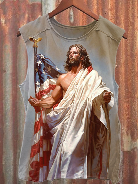 Vintage Independence Day Jesus Art Print Casual Cotton Tank Top
